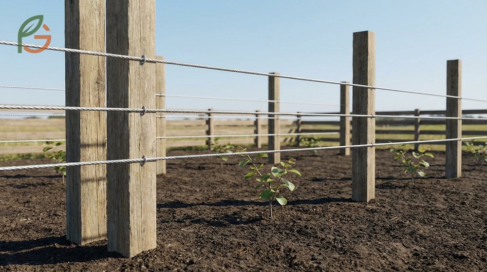 Kiwi trellis design using 4x4 posts and 12-gauge wire supports heavy mature vines weighing several hundred pounds safely.