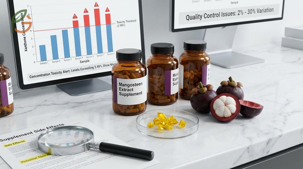 Supplement side effects increase with xanthone concentrations above 3.98 percent causing potential cell toxicity.