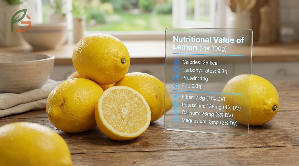 Nutritional value of lemon per 100g includes 2.8g of fiber and essential minerals like potassium and calcium.