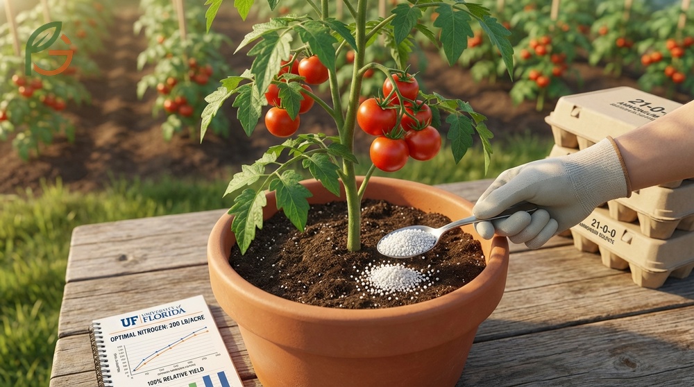 Balanced 10-10-10 fertilizer application showing ideal nitrogen levels for maximizing tomato yields in home gardens.