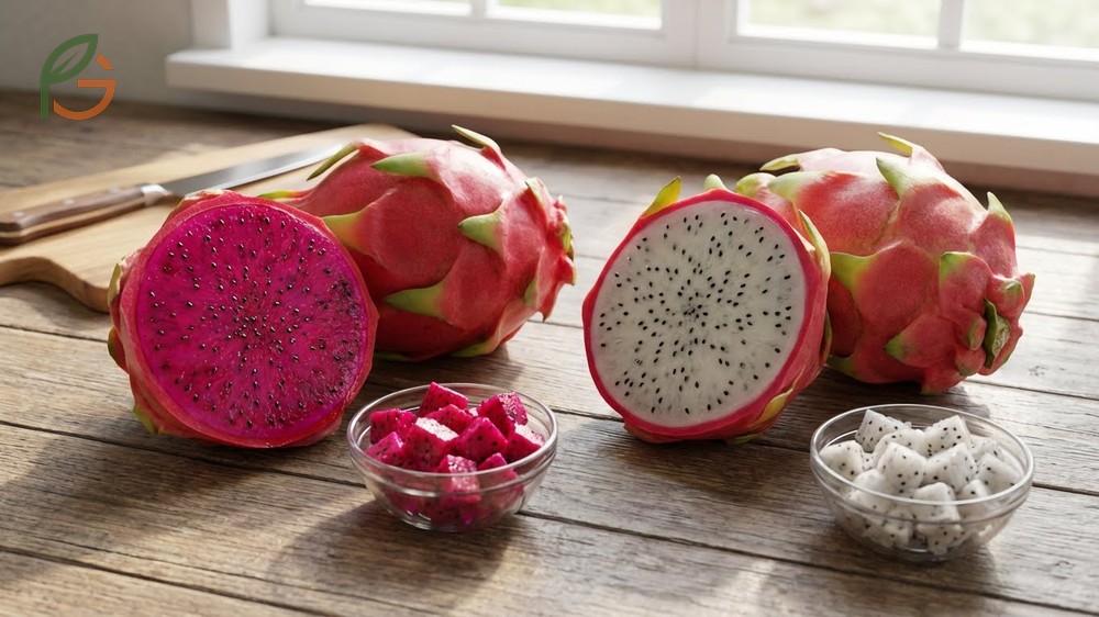 Comparison of red vs white dragon fruit highlights higher antioxidant content and sweetness levels in red varieties.