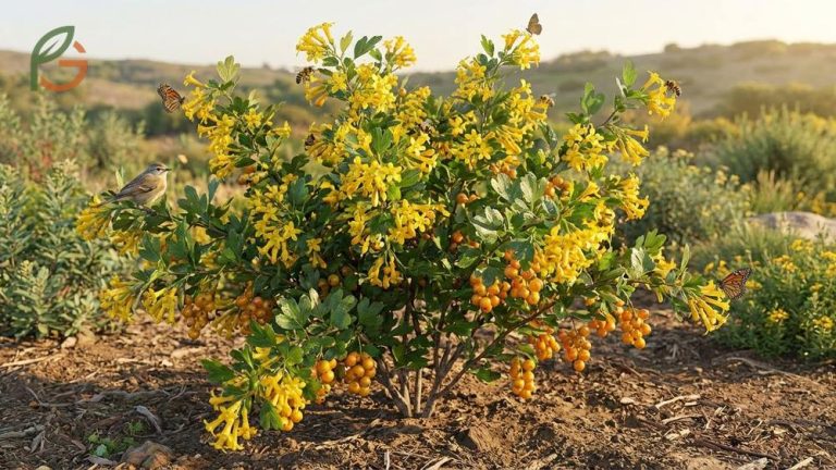 Ribes aureum golden currant shrub blooming with fragrant yellow flowers in a drought-tolerant garden landscape.
