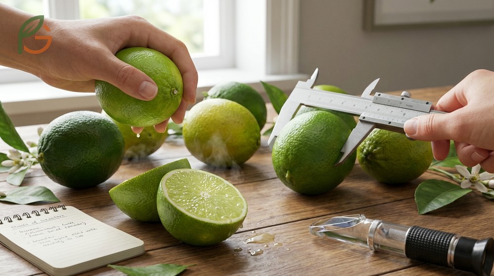 A gardener gently squeezing a lime to check for firmness and skin texture as ripeness indicators.