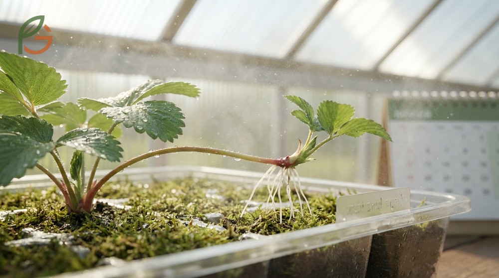 Strawberry runners developing roots in a potting mix under high humidity conditions over a period of ten days.