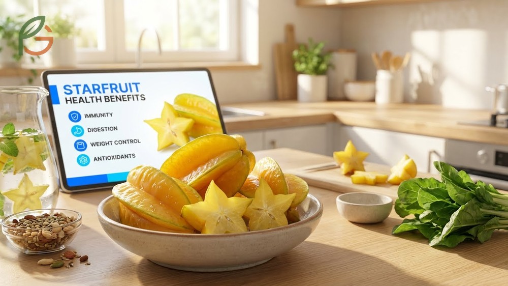 Starfruit health benefits include immune support from 35 percent daily vitamin C and digestive aid from 2.8g fiber.