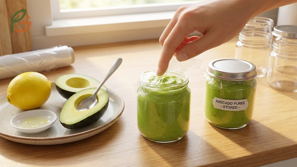 How to store avocado puree for baby in airtight containers with plastic wrap on the surface to prevent browning for 24 hours.