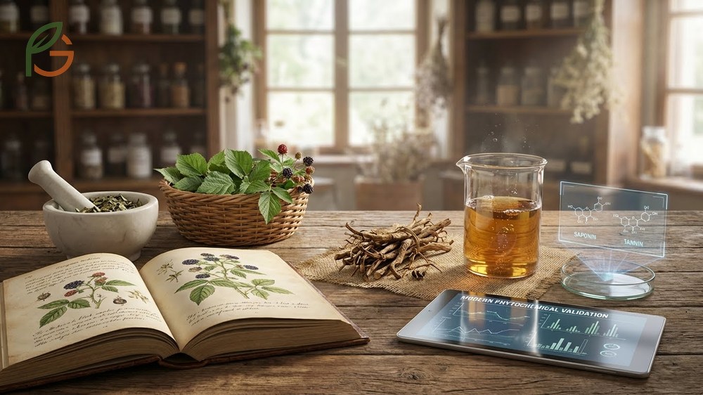 Traditional herbal remedy uses blackberry leaves for respiratory support and urinary health based on folk medicine.