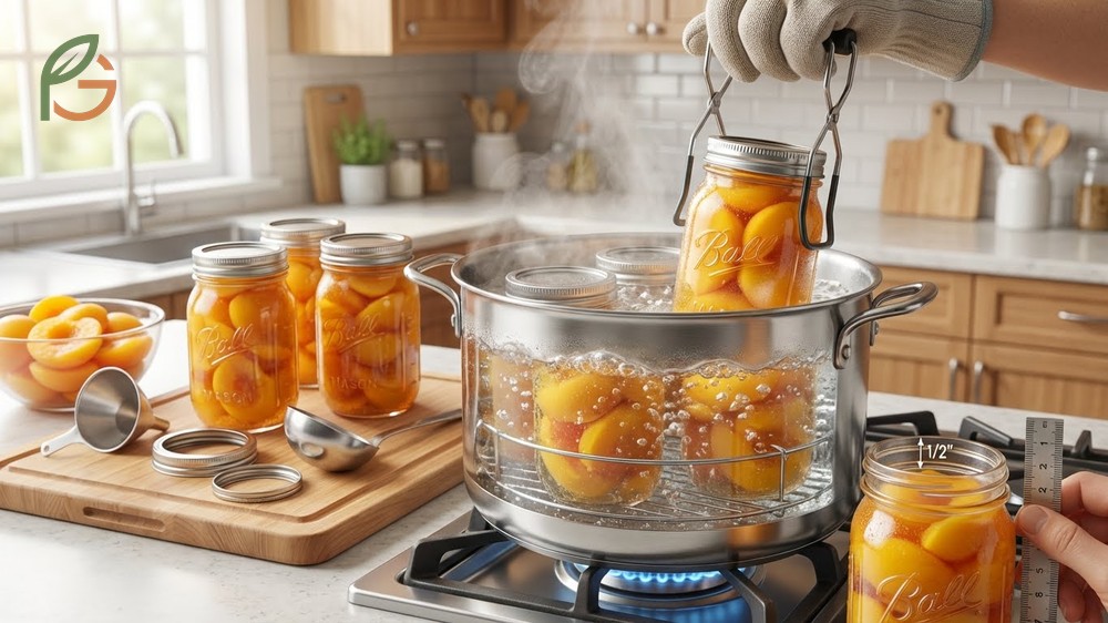 Water bath canning peaches technique requiring exactly one half inch headspace and processing time adjustments for altitude.