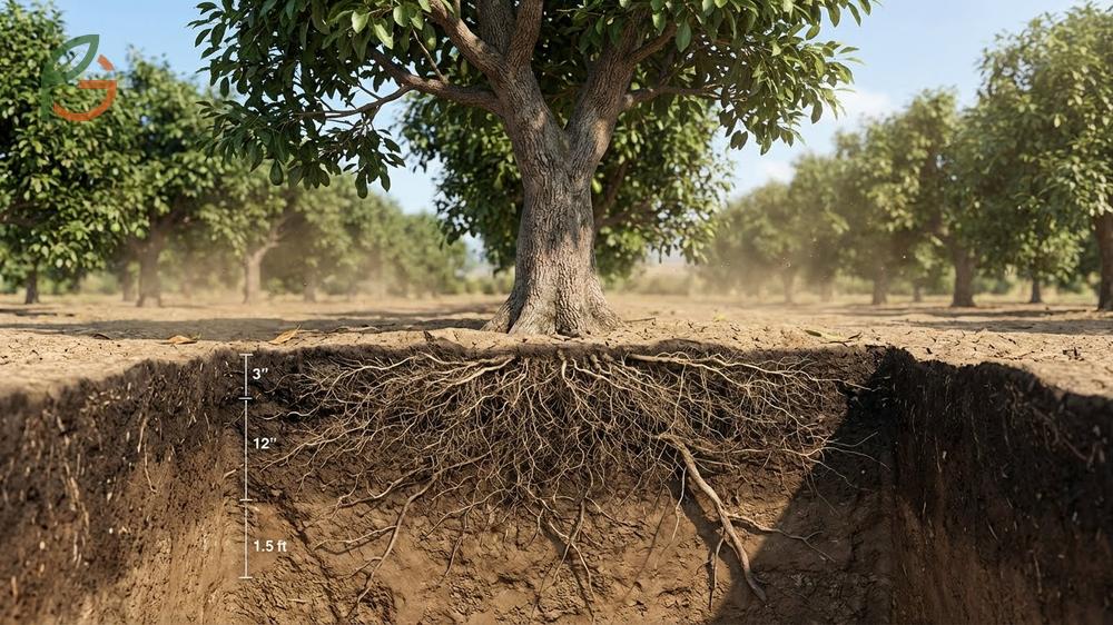 Avocado tree root system features shallow feeder roots concentrated in the top 3 inches of soil.