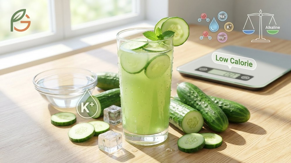 Benefits of cucumber juice providing 189mg of potassium per serving and supporting natural detoxification.