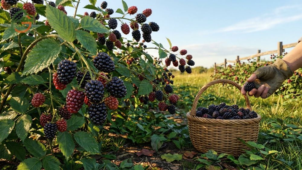 Ripe blackberries on the cane during the peak harvest season of July and August in a home garden.