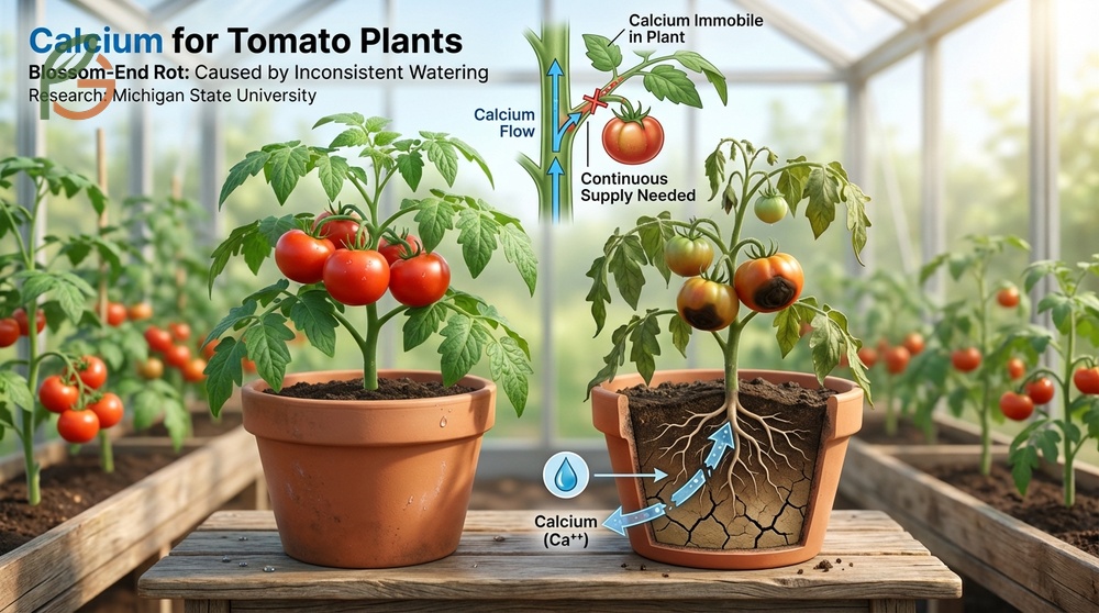 Crushed eggshells and calcium solutions applied to tomato plants to prevent blossom end rot issues.