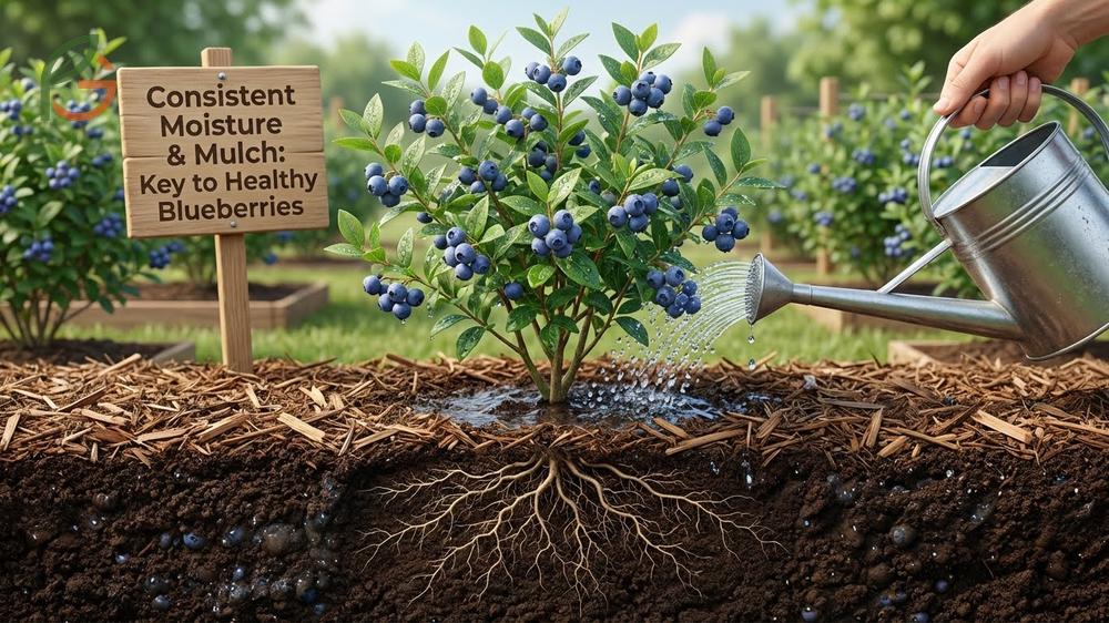 Caring for blueberry bushes by providing 1 to 2 inches of water per week and applying pine needle mulch to retain moisture and suppress weeds.