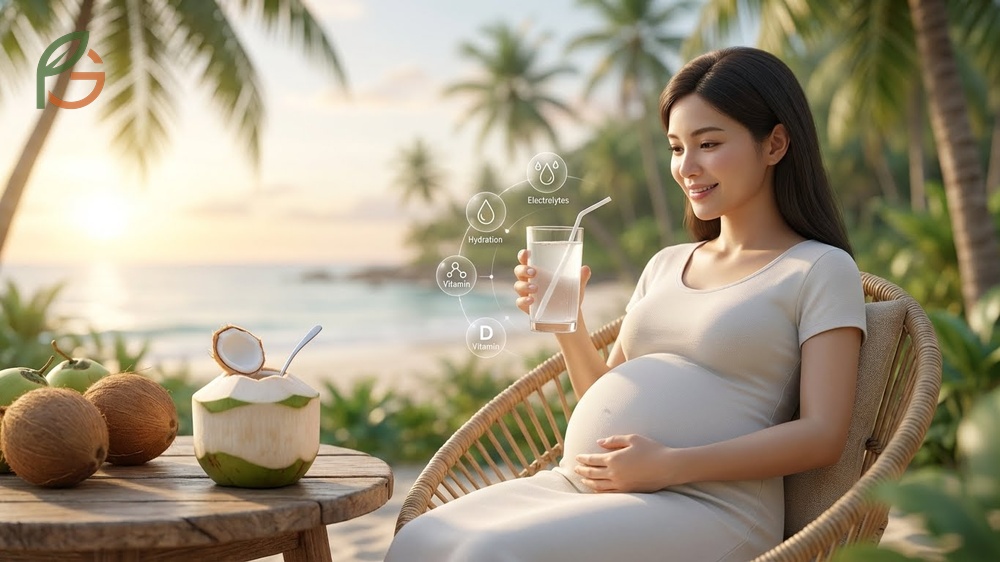 Pregnant woman drinking fresh coconut water for hydration and natural electrolyte replenishment to reduce nausea.