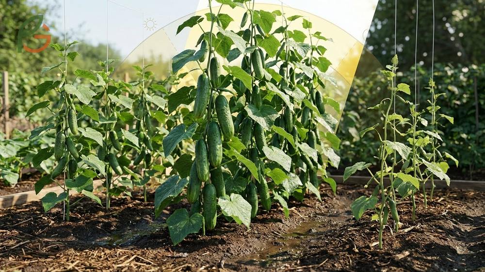 Cucumber plants growing in full sun receiving 6 to 8 hours of direct light daily for maximum fruit production and healthy vines.