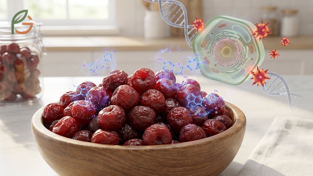 Dried cherry antioxidants include powerful anthocyanins and natural melatonin that improves sleep quality and reduces oxidative stress.