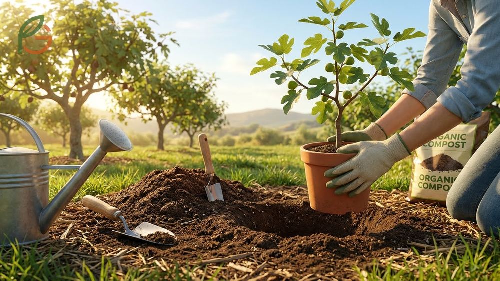 A gardener tending to a fig tree by applying mulch and ensuring proper soil drainage for optimal growth and fruit production.