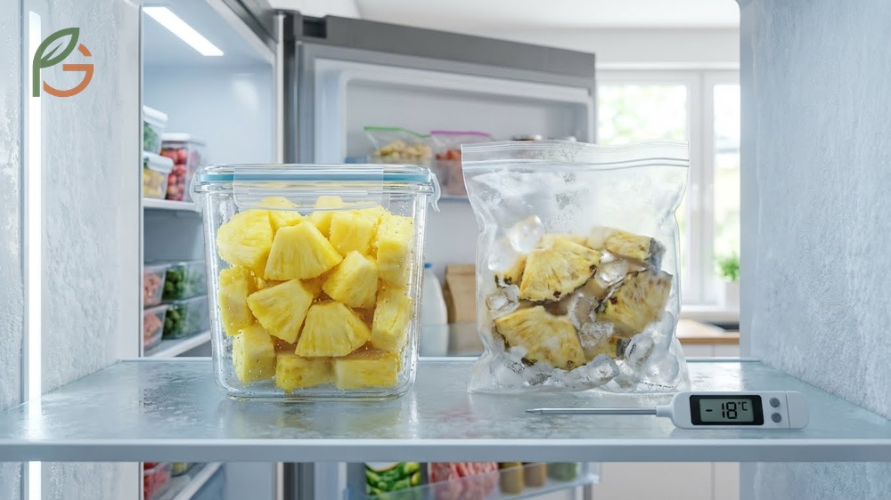 Frozen pineapple storage in airtight heavy-duty bags preserves quality for up to twelve months.