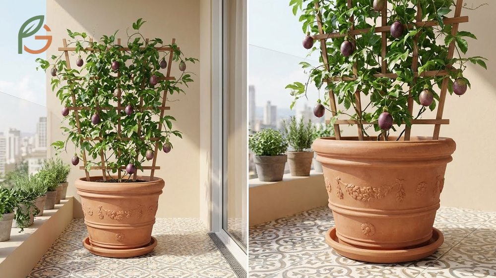 Growing passion fruit in pots requires containers at least 20 inches deep with excellent drainage holes.
