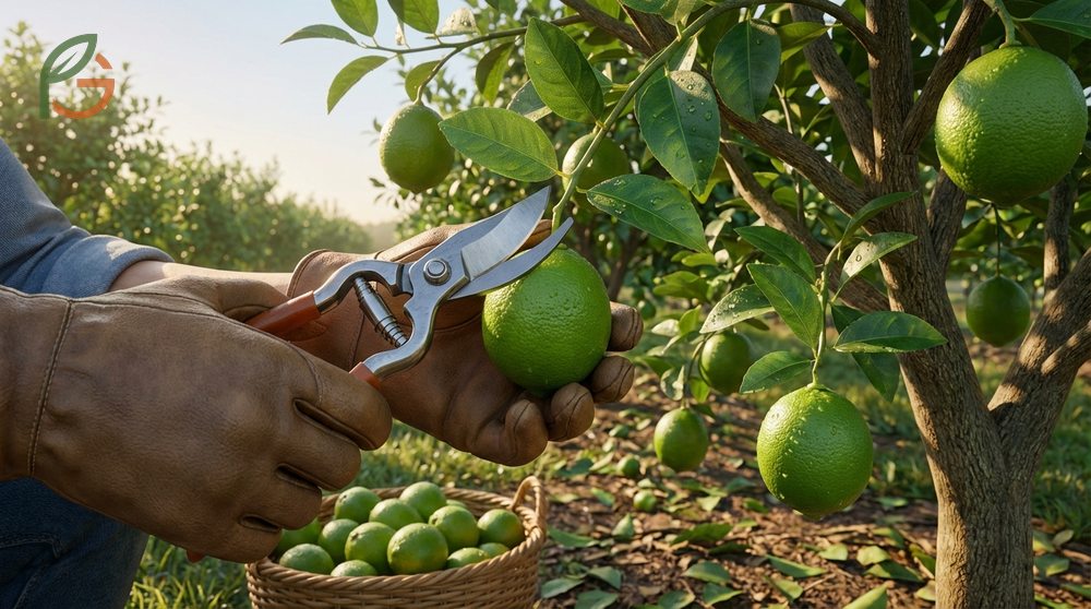 A person using sharp pruning shears to carefully cut limes from the tree to prevent damage.