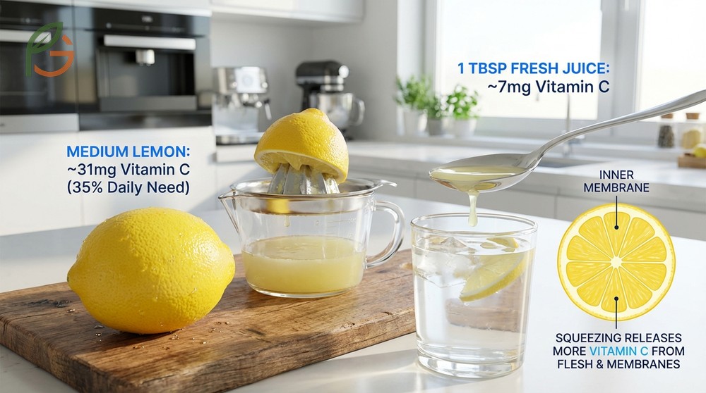 How much vitamin C in a lemon is about 31 mg per fruit covering 35 percent of daily adult requirements.