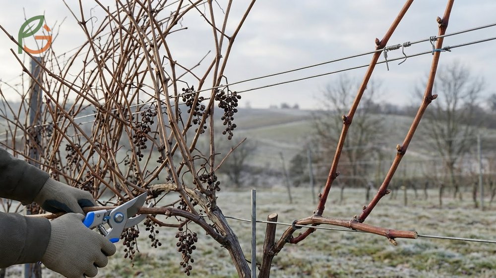 How to prune grape vines using cane and spur methods to remove 90 percent of old growth for better fruit.
