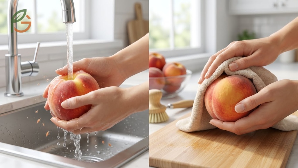 Removing peach fuzz from fruit using cold water rinsing and gentle kitchen towel rubbing methods.
