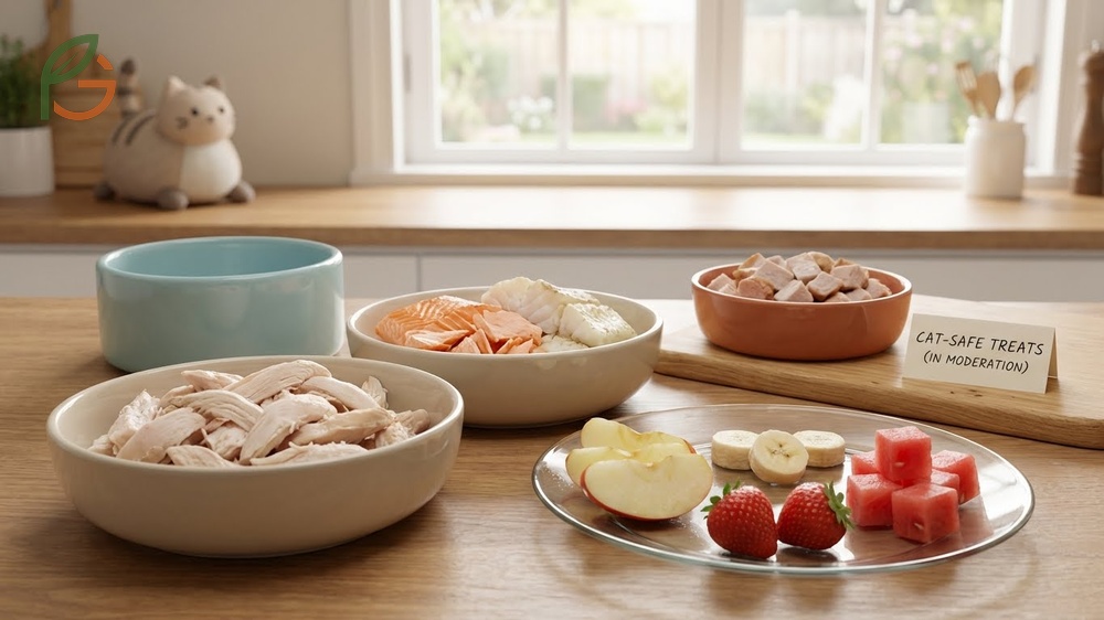 Human foods cats can eat listing safe options like cooked chicken, eggs, and plain fish.