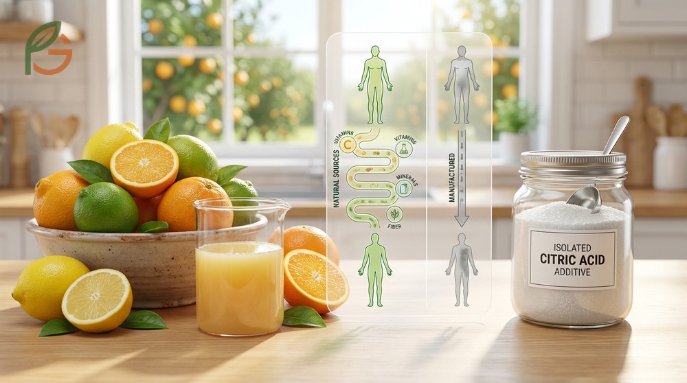 Natural citric acid from whole fruits contains vitamins and fiber that reduce adverse reactions seen with additives.