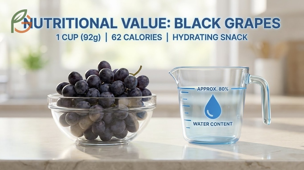 Nutritional value of black grapes detailing calories vitamins and mineral content.