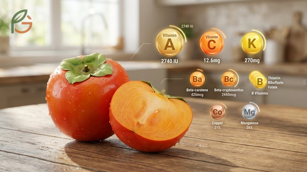 Nutritional value of persimmons featuring 2740 IU of vitamin A, 12.6mg vitamin C, and 270mg potassium per medium fruit.
