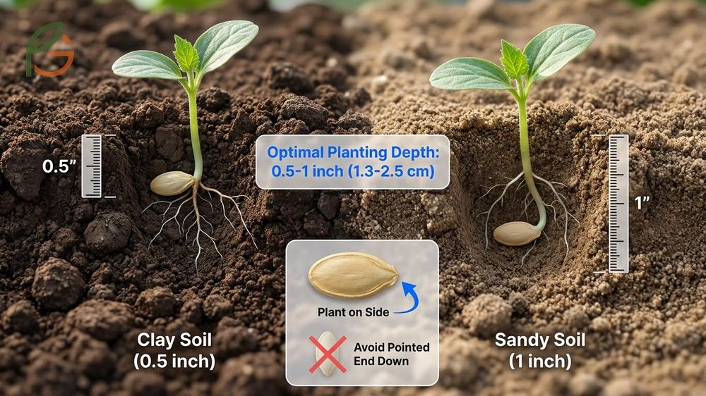 Placing cucumber seeds one inch deep in the soil on their side for best germination.