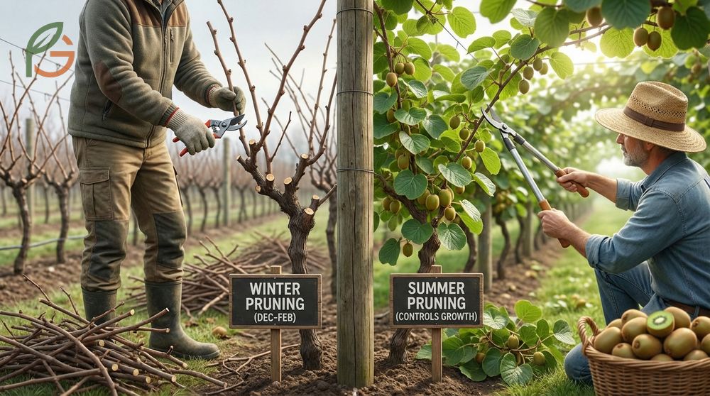 Pruning kiwi vines in winter removes 70% of old growth while summer pinching controls shoots for better fruit production.