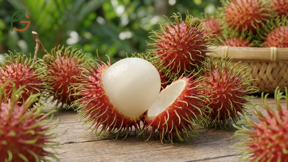 Ripe rambutan characteristics include smooth skin beneath spines and translucent white flesh that separates cleanly.