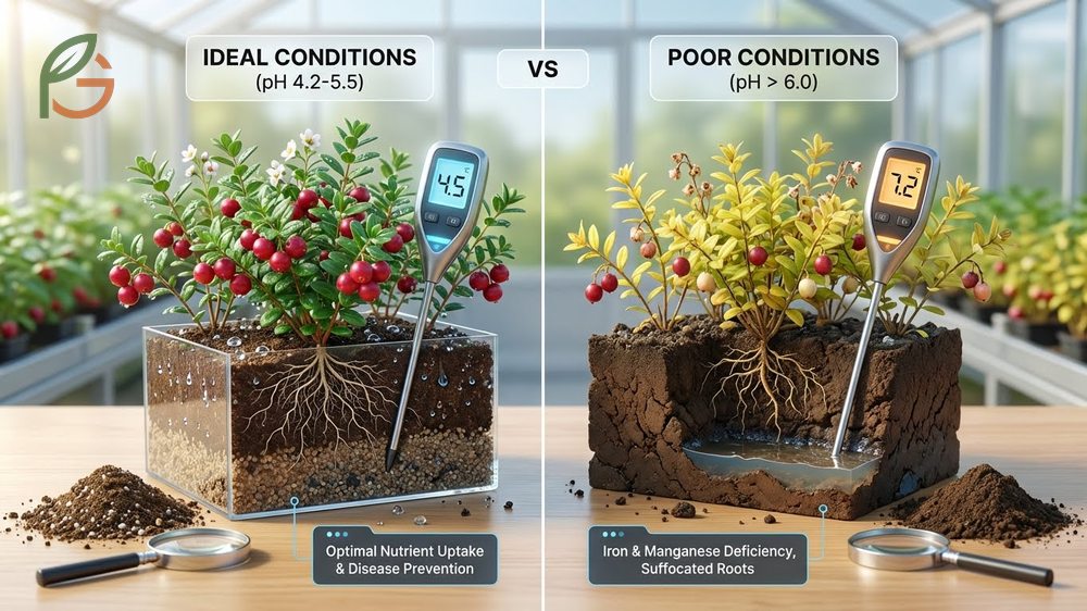 Soil requirements cranberries need including a pH of 4.2 to 5.5 and 40 to 60 percent organic matter content.