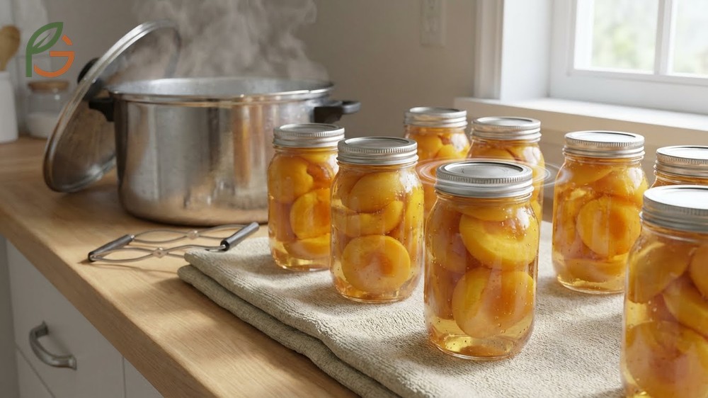 Preserve fresh peaches by cooling jars for 24 hours and storing in a cool dark place between 50 and 70 degrees Fahrenheit.