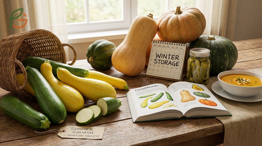 Summer squash type identification based on harvesting immature fruits with tender skins compared to winter squash.