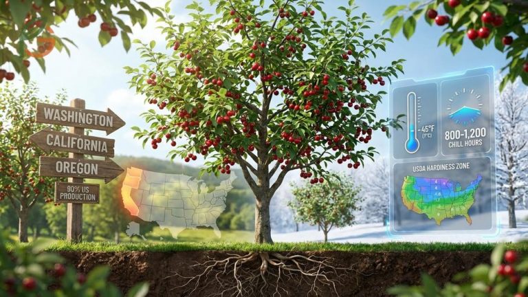 Where do cherries grow guide covering origins, climate zones 4-9, and US production statistics.