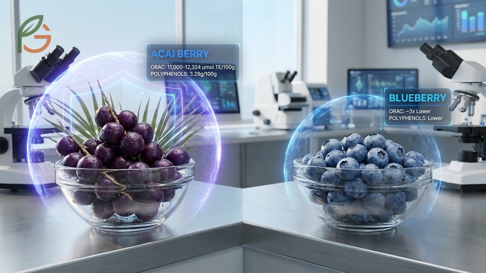 Acai berry vs blueberry antioxidant comparison highlighting acai ORAC index of 11000 per 100g.