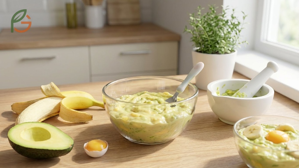 Avocado puree combinations mixed with banana or egg yolk to create balanced nutrient dense meals for growing infants.