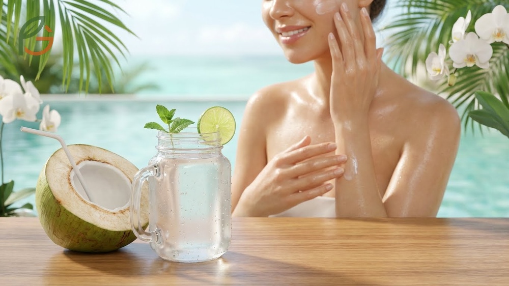 Coconut water benefits for skin health showing improved elasticity and glow from vitamin C and antioxidants.