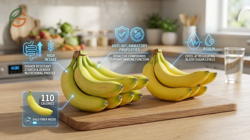 Burro banana benefits digestive health with 4g of fiber per fruit that promotes regularity and gut balance.