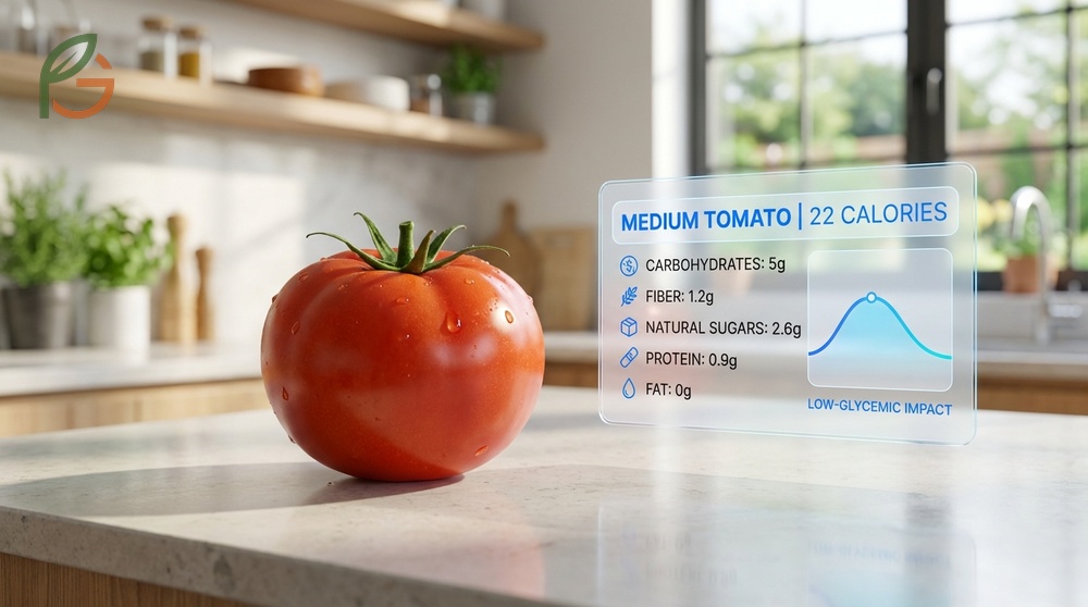 Calories in a medium tomato provide 22 calories along with 5 grams of carbs and 292mg of potassium for health.