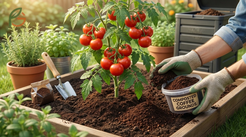 Composted coffee grounds being mixed into soil to improve structure and provide organic nitrogen for tomatoes.