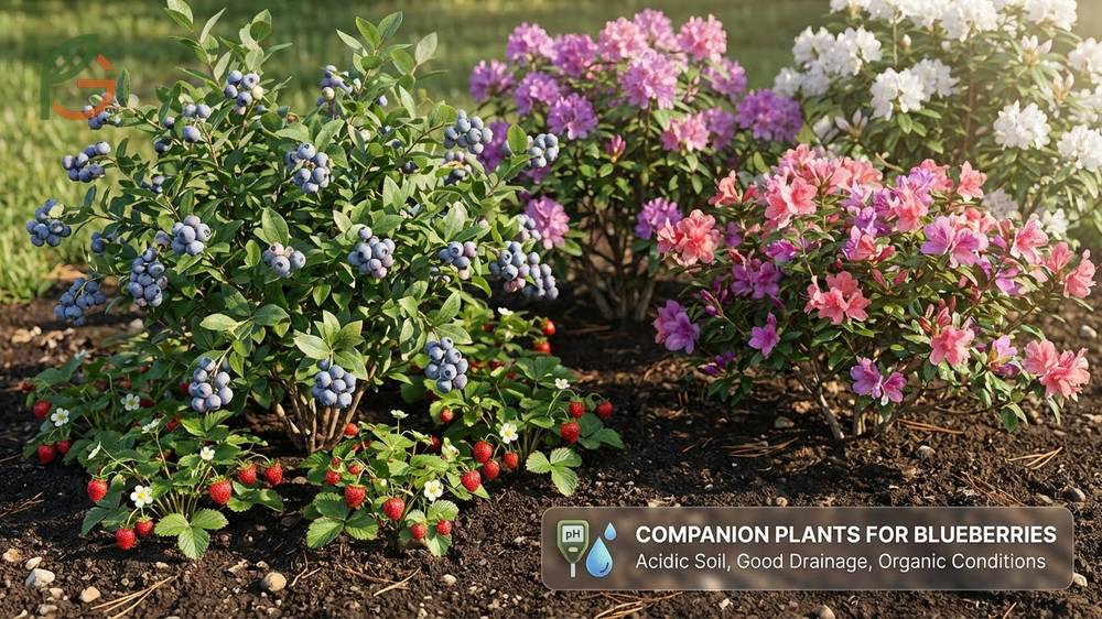 Companion plants for blueberries including acid loving azaleas and rhododendrons or ground covers like strawberries that thrive in similar soil.