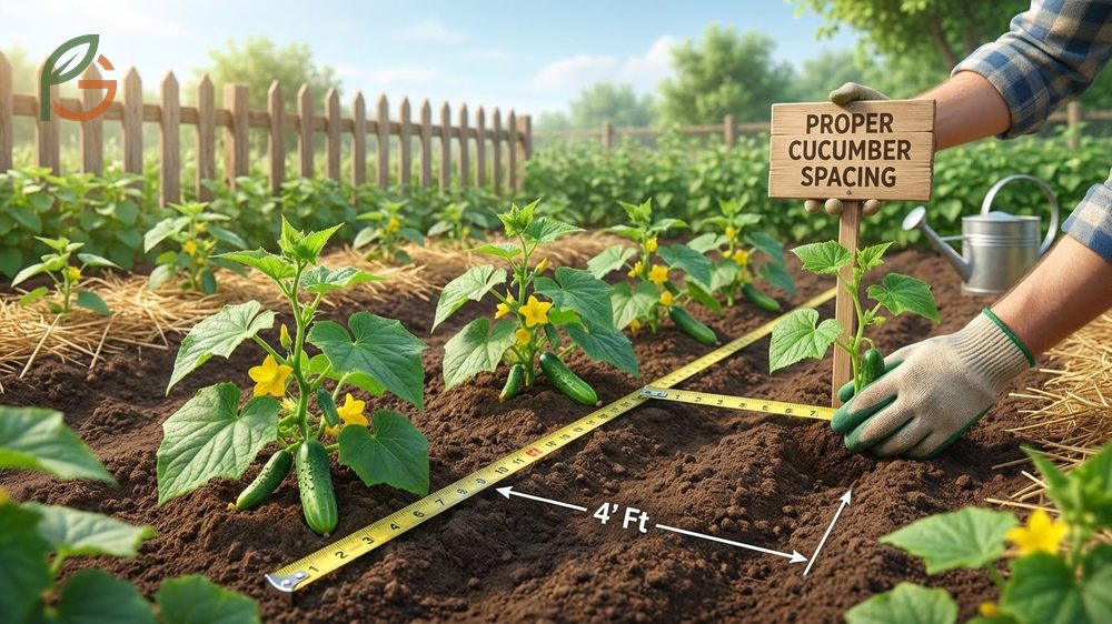 Cucumber plants spaced 18 inches apart in rows to allow sufficient room for vine growth.