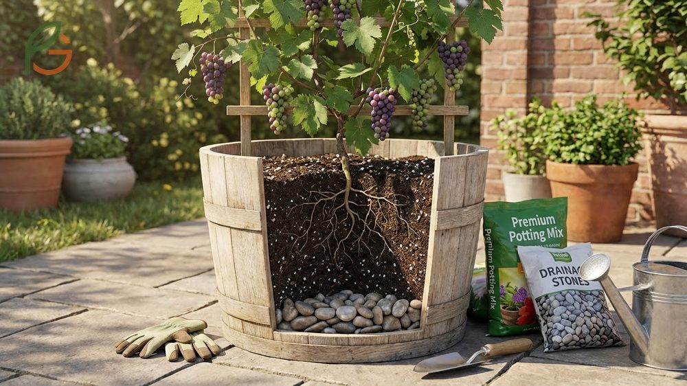 Growing grapes in pots using 15 to 20 gallon containers with drainage stones for effective small space gardening.
