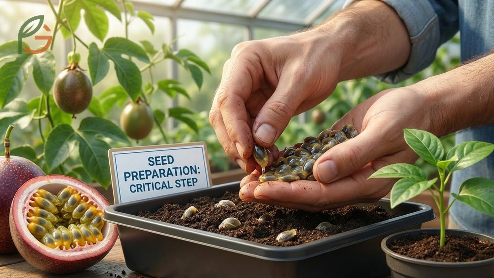 Growing passion fruit from seed using scarification techniques to achieve germination in 10-20 days.