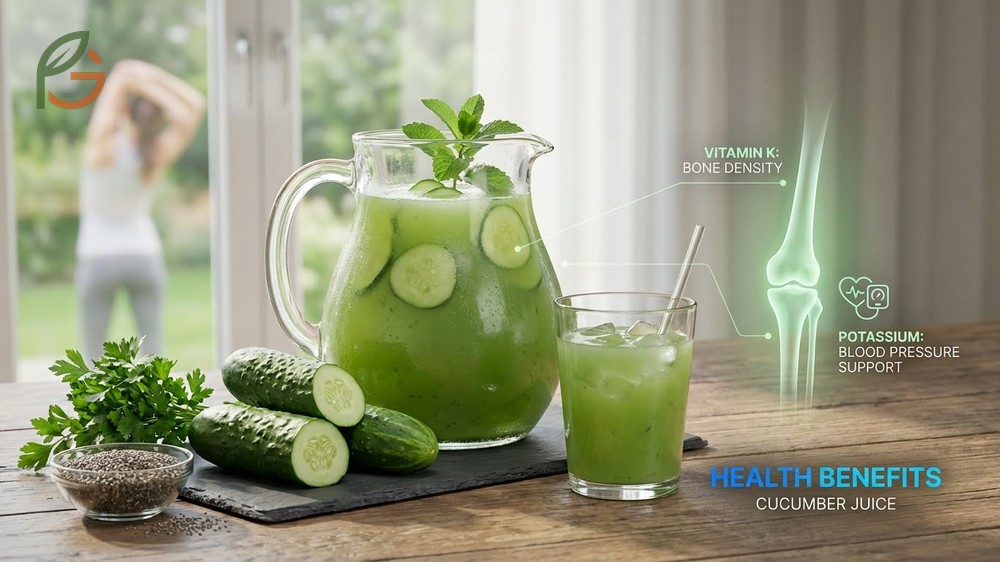 Health benefits of cucumber juice including antioxidant protection from vitamin C and weight loss support.