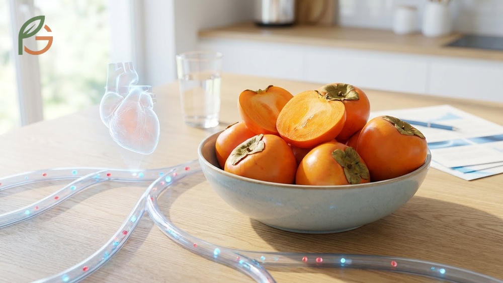 Health benefits of persimmons including cardiovascular protection, reduced LDL oxidation, and immune support from beta-cryptoxanthin.